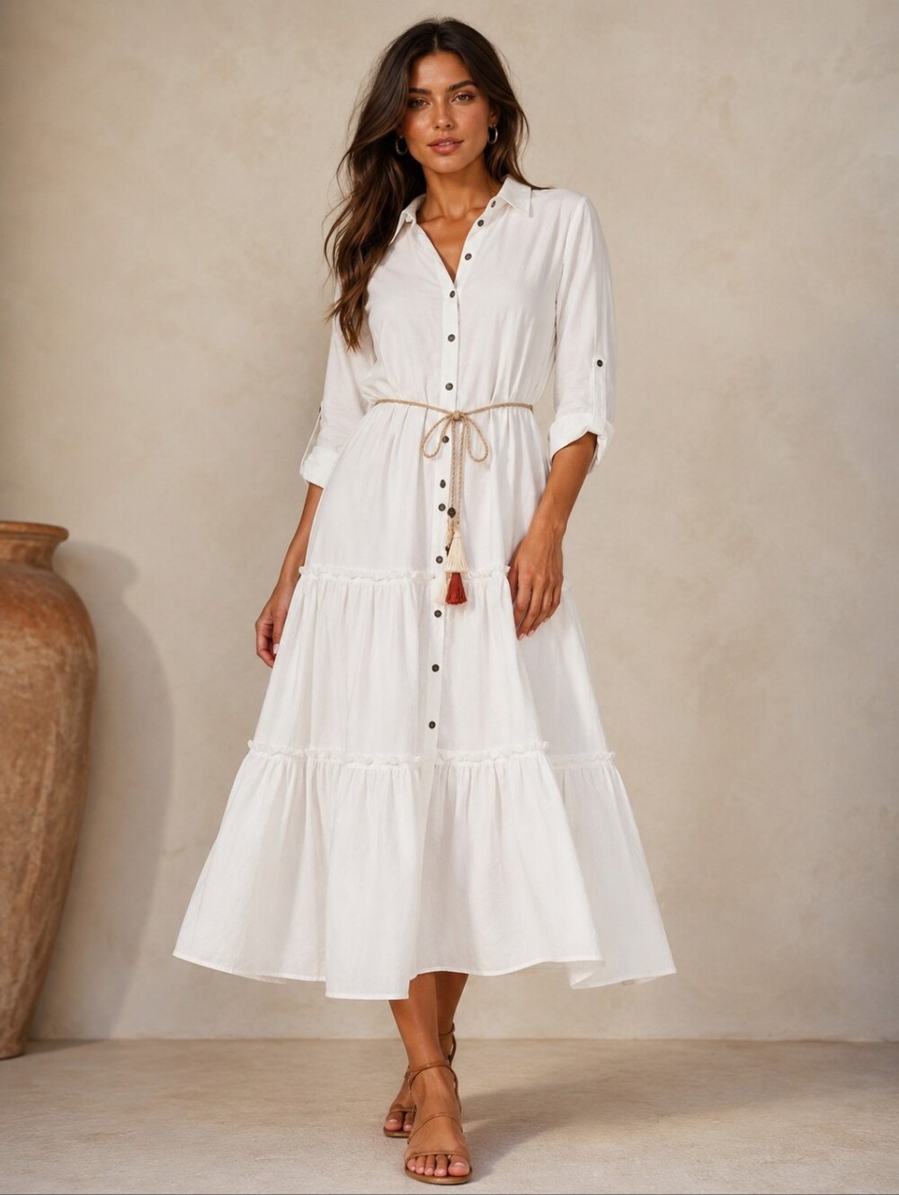 Palmacea Cotton Ruffle White Beach Cover Up Midi Dress New Size M